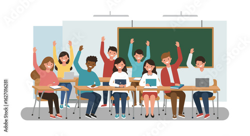 Diverse classroom of enthusiastic students engaging in learning with raised hands. Vector illustration