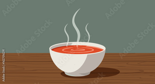 Steaming bowl of tomato soup on wooden table. Vector illustration