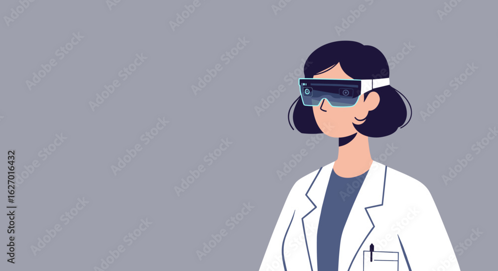 Asian female researcher wearing virtual reality headset in lab coat. Vector illustration Asian female researcher wearing virtual reality headset in lab coat. Vector illustration