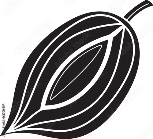 Stylized black and white illustration of a cocoa pod with a single stem showcasing its inner texture and seed arrangement