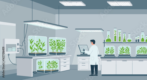 Male scientist in laboratory with plant experiments and advanced technology monitoring. Vector illustration