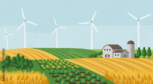 Sustainable farm landscape with wind turbines and crops on a sunny day. Vector illustration