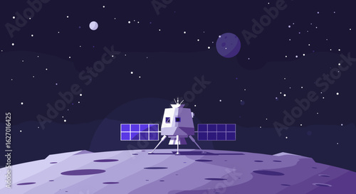 Lunar lander on moon surface under starry night sky with planets. Vector illustration