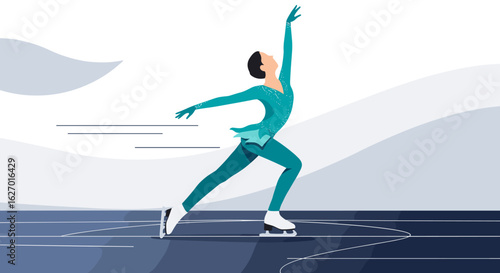 Asian female young ice skater performing graceful routine in turquoise outfit on ice rink. Vector illustration