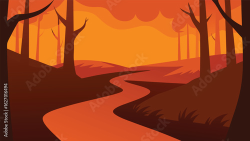 spooky forest trail with orange haze vector background
