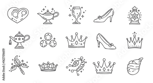 Fairy tale line icon set with princess and magic elements. Vector collection of royal crown, glass slipper, and fantasy objects.