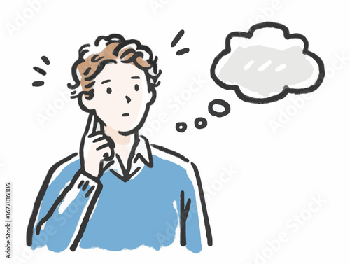 Pensive young man with light brown hair thinking deeply while touching his chin, sketch style against a soft background, concept of mental health or personal development