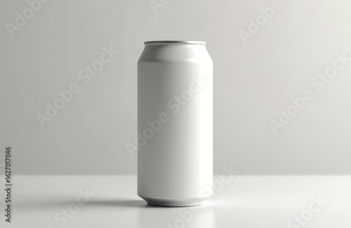 Clean white aluminum beverage stands against plain white background. Empty, cylindrical container perfect for product mockups, advertising, marketing campaigns. Simple, smooth, shiny surface offers