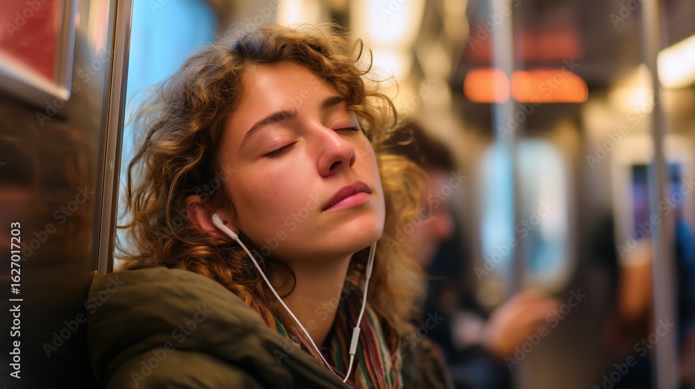 Fototapeta premium Commuter Peacefully Listening to Music on Subway