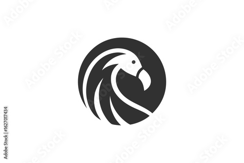 Minimalist logo features a black bird symbol, circular and stylized shape on white