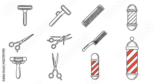 Set of professional barber tools and hairdressing equipment icons. Includes razors, combs, scissors, and barber pole.