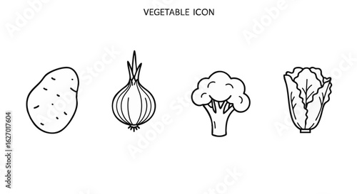 Vegetable line icon collection. Outline graphic symbols of potato, onion, broccoli, and cabbage for healthy food concepts.