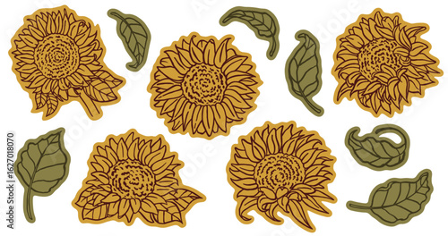 Seamless pattern of rustic sunflowers and green leaves. Detailed floral illustration with yellow and orange petals, botanical elements, and nature design. Perfect for fabric, packaging, and decor.