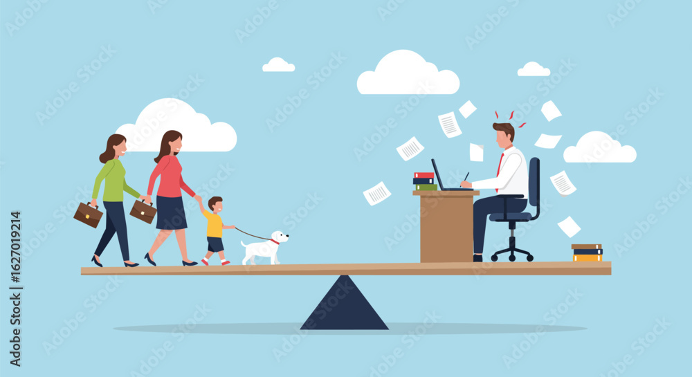 Fototapeta premium Work-Life Balance Concept – Family and Work on a Seesaw