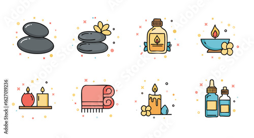 Spa and wellness line icon set with hot stones, essential oils, and candles for relaxation and beauty treatments