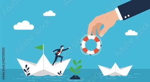 Business Rescue and Sustainability Concept – Paper Boat, Lifesaver, and Plant