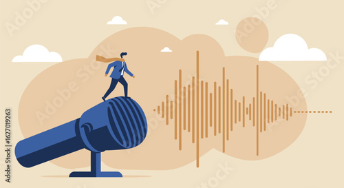 Voice Technology and Communication Journey – Businessman Walking on Sound Waves