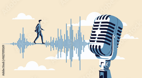 Voice Technology and Communication Journey – Businessman Walking on Sound Waves