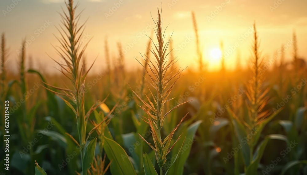 Fototapeta premium Close-up corn plants illuminated soft sunrise light. Wheat field at dawn. Golden sun rays. Agricultural landscape, idyllic farming. Growth, harvest, abundance concepts.
