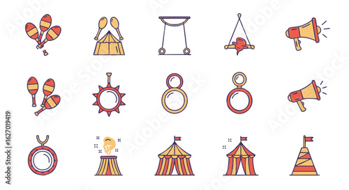 A collection of circus and carnival entertainment icons. Vector line art symbols including big top tent, trapeze, and juggling clubs.