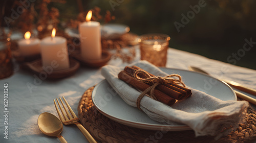 Cozy outdoor table setting with candles and cinnamon sticks for a warm, inviting ambiance.