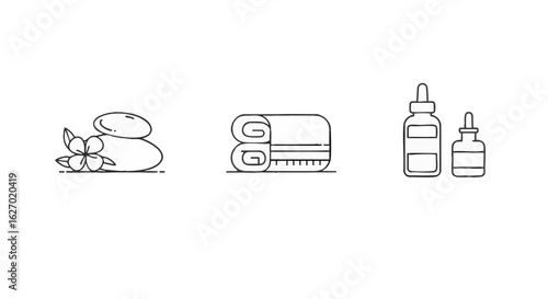 Elegant line art icons for spa, wellness, and beauty. Features smooth massage stones, natural plant accents, soft rolled towels, and dropper bottles for relaxation and self-care designs