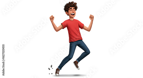 cartoon full-body character of a boy laughing hard with eyes closed and one foot off the ground, white background

