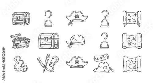 Collection of various pirate-themed illustrations, including treasure chests, hooks, hats, and maps.