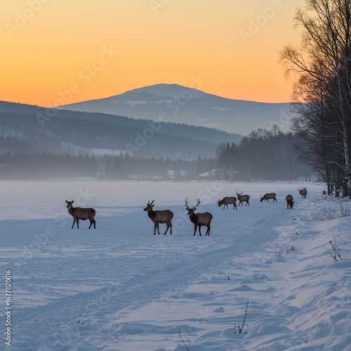 Majestic stags traverse a snowy field at dawn.