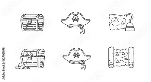Pirate adventure icon collection with treasure chest, captain hat, and old map. Black and white outline vector graphic elements for a quest