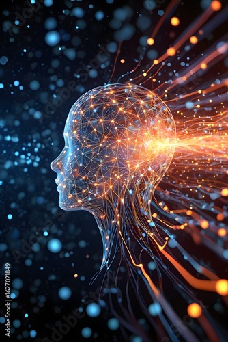 Glowing Digital Human Head Profile in Orange and Blue