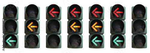 Set of isolated traffic lights for left turn with different color combinations.