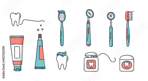 Set of hand-drawn dental hygiene and oral care equipment illustrations. Vector icons including tooth, toothpaste, floss, and dentist tools