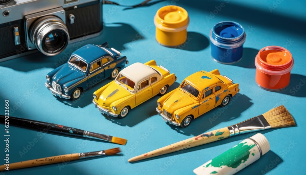Fototapeta premium Creative hobby setup with toy cars paintbrushes and camera