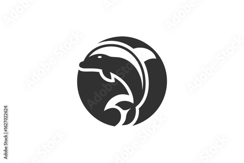Stylized dolphin gracefully swims within dark, contrasting circle, it looks minimal