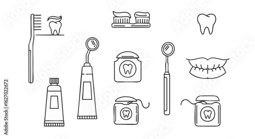A collection of outlined dental care equipment and oral hygiene symbols. Vector icon set for dentistry and health topics