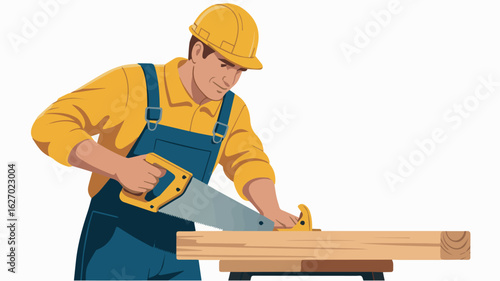 Clean and modern vector  carpenter sawing wood construction worker handyman building project job