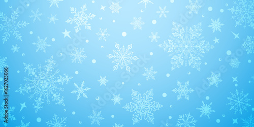 A vibrant Christmas illustration featuring intricate snowflakes in various sizes and designs, interspersed with small stars and circular elements, white on light blue background.