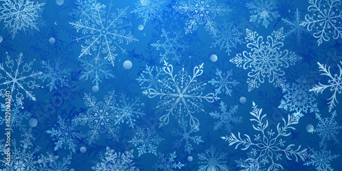 A vibrant Christmas illustration featuring large intricate snowflakes in various designs, layered with depth, interspersed with small circles, white on blue background.