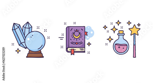 A magical vector icon set featuring a crystal ball, a mystical spellbook, and a sparkling potion with a wand for fantasy themes