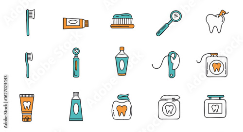 Dental Hygiene Essentials Collection of Brushes, Floss, Paste, and Mouthwash Icons