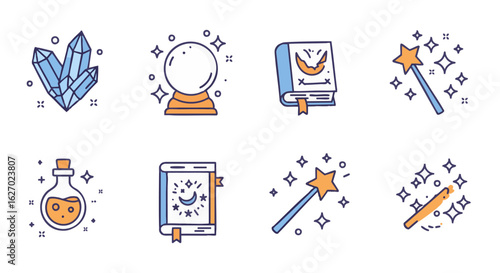 A collection of colorful line art icons representing magic, wizardry, and fantasy elements like spellbooks, wands, and potions