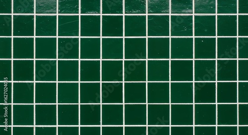 Dark green square tiles create a classic bathroom wall texture.