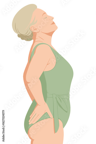 Confident senior woman in green swimsuit standing in profile, flat style, soft tones, representing body positivity, aging with grace and self-acceptance