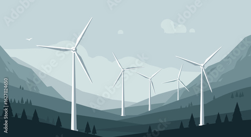 Wind turbines in mountainous landscape with trees and sky in minimalist style. Vector illustration