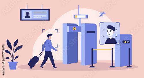 Young caucasian adult male going through airport security with luggage and biometric face scan. Vector illustration