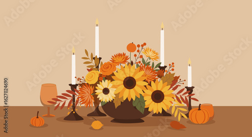 Autumn floral arrangement with sunflowers and candles on brown table. Vector illustration