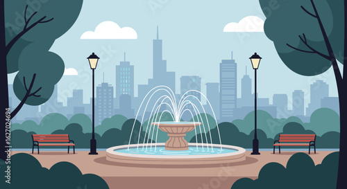 Park fountain with city skyline in background on a sunny day. Vector illustration