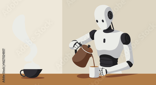 Robot barista pouring coffee in minimalist style. Vector illustration