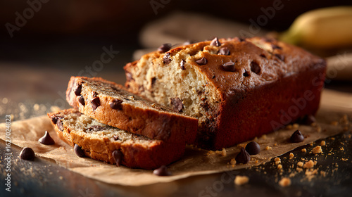 Chocolate chip banana bread loaf with two slices cut, sits on parchment paper with brown countertop.